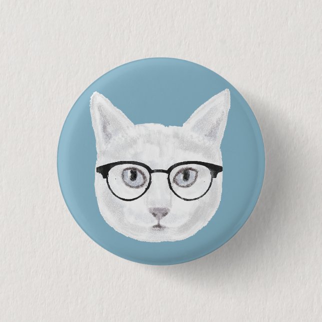 White Hipster Cat Wearing Glasses Button (Front)