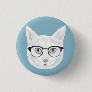 White Hipster Cat Wearing Glasses Button