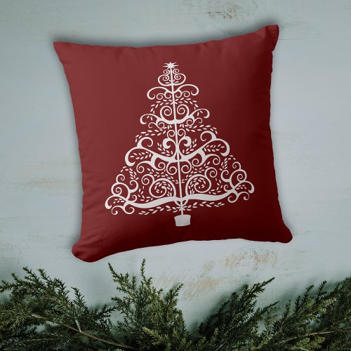 White Holiday Tree on Burgundy Red Throw Pillow