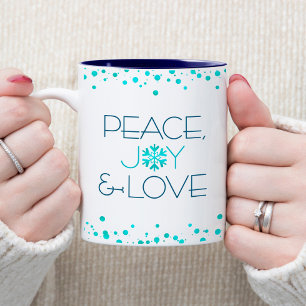 White Holiday Turquoise Snowflake Peace Joy Love Two-Tone Coffee Mug