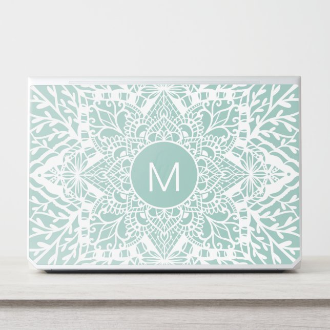 White Holistic Mandala Floral Pattern Mint Green HP Laptop Skin (Front)