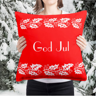 white hollies in bright red - God Jul Throw Pillow