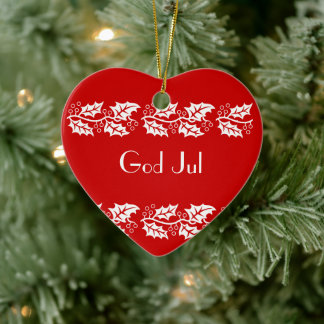 white hollies in red - God Jul Ceramic Ornament