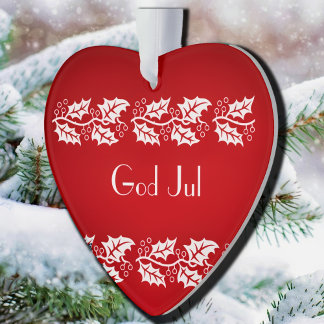 white hollies in red - God Jul Ornament