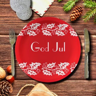white hollies in red -  God Jul   