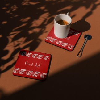 white hollies in red - God Jul Square Paper Coaster