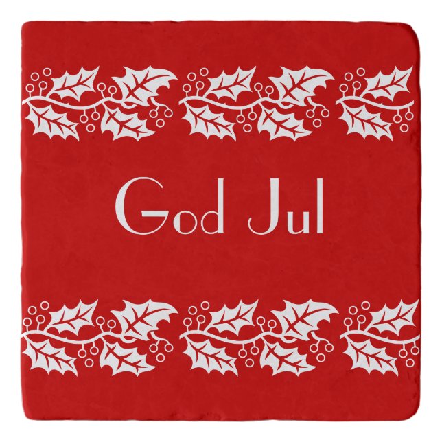 white hollies in red -  God Jul  Trivet (Front)