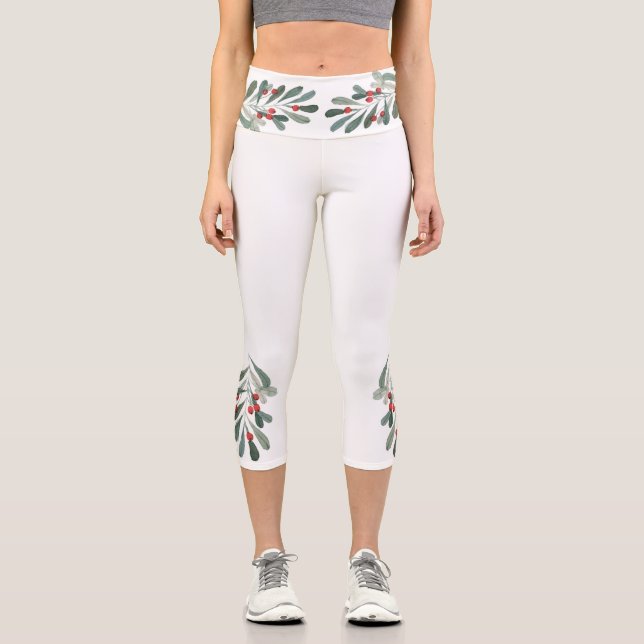 White Holly Sprigs with Red Berries Capri Leggings (Front)