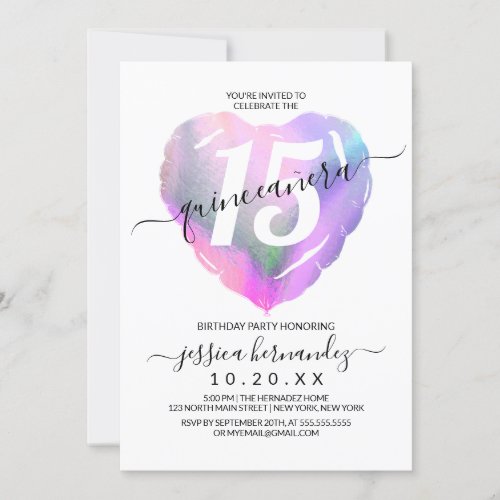 White Holographic Foil Heart Balloon Quinceaera Invitation