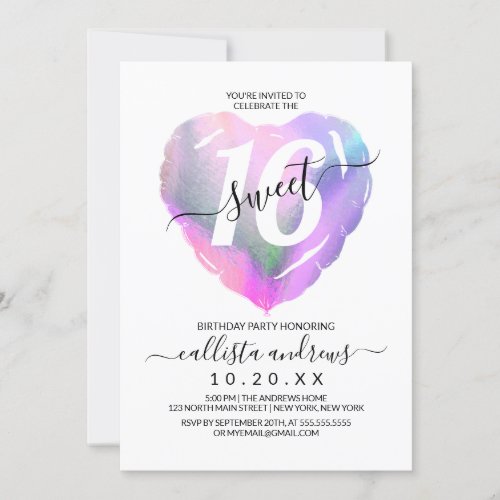 White Holographic Foil Heart Balloon Sweet 16 Invitation