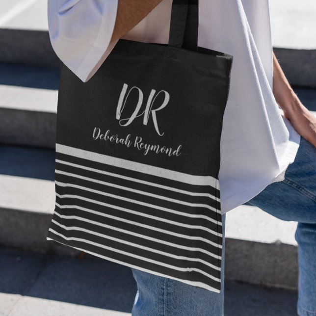 White Horizontal Stripes monogram elegant black Tote Bag (🖤 simple and modern look with stripes)