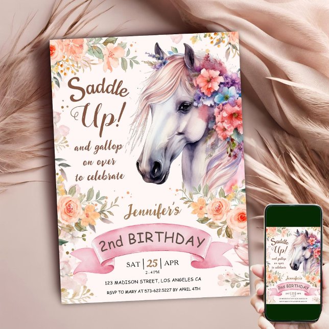 White Horse 2nd Birthday Floral Girl Saddle Up In  Invitation (Creator Uploaded)