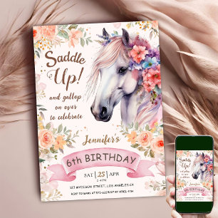 White Horse 6th Birthday Floral Girl Saddle Up Invitation