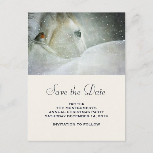 White Horse and Bird in a Snowfall Save the Date Announcement Postcard