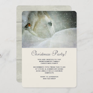White Horse and Bird in Winter Christmas Party Invitation