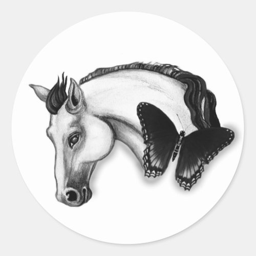 White Horse and Butterfly Design Classic Round Sticker