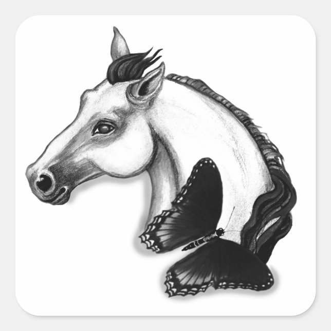 White Horse and Butterfly Design Square Sticker (Front)
