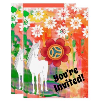 White Horse and Flowers Colorful Birthday Invitation