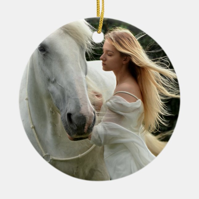 White Horse and Girl Ceramic Ornament (Front)
