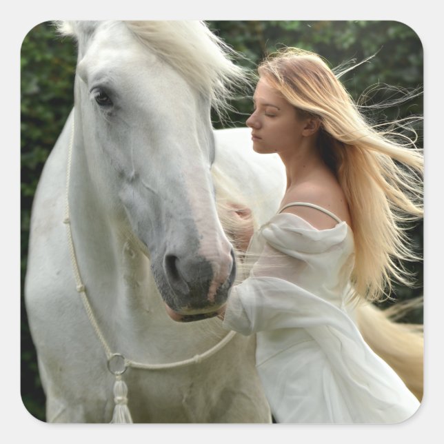 White Horse and Girl Square Sticker (Front)