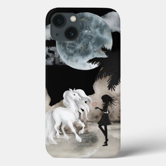 White Horse and Girl with Heart Full Moon Beach Case-Mate iPhone Case