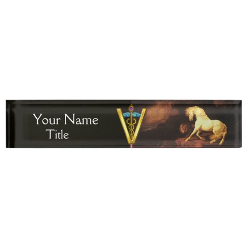 WHITE HORSE AND LION  CADUCEUS VETERINARY SYMBOL NAMEPLATE