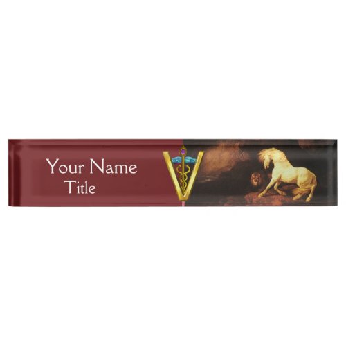 WHITE HORSE AND LION  CADUCEUS VETERINARY SYMBOL NAMEPLATE