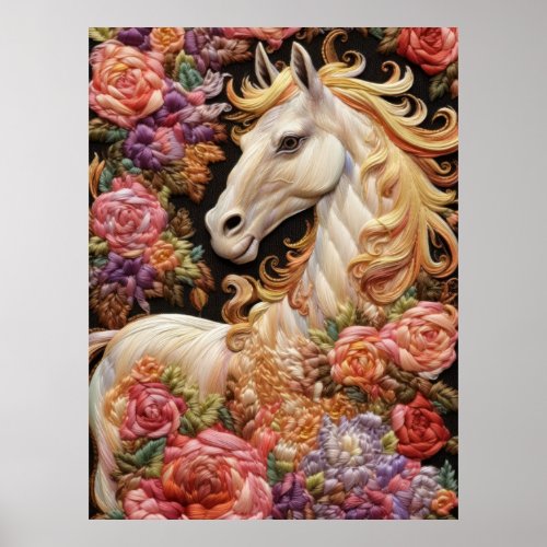 White Horse and Roses 3D Embroidery Art Poster