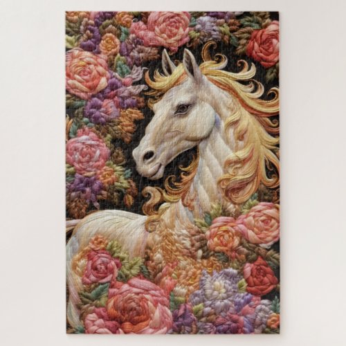 White Horse and Roses Embroidery Jigsaw Puzzle