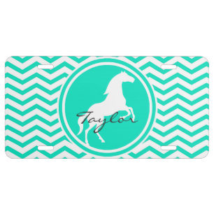 White Horse; Aqua Green Chevron License Plate