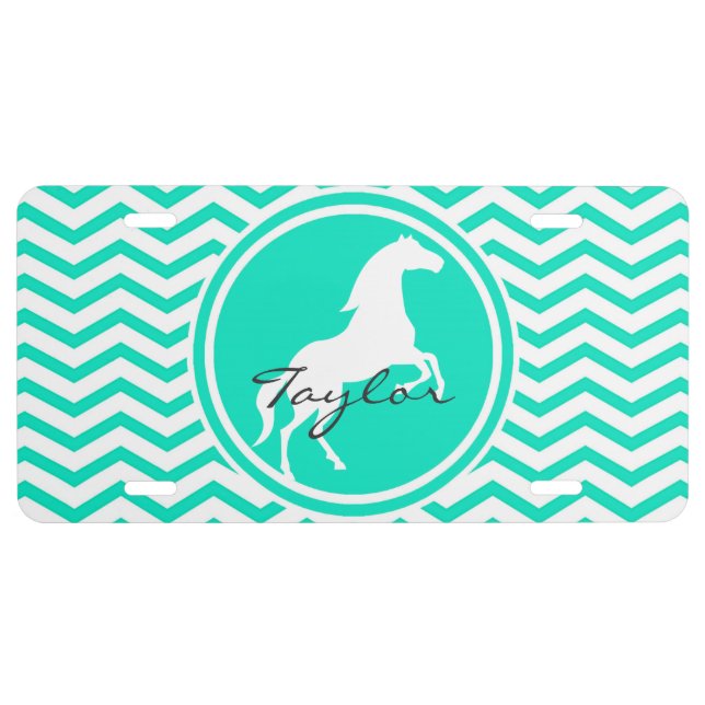White Horse; Aqua Green Chevron License Plate (Front)