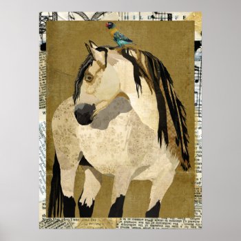 White Horse & Bird Art Poster by Greyszoo at Zazzle