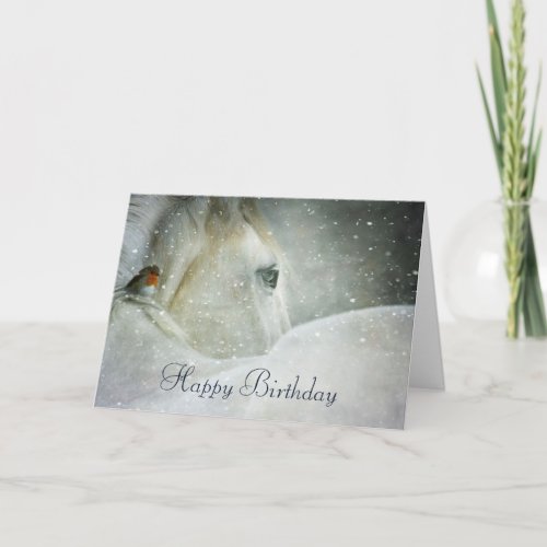 White Horse  Bird in a Winter Snowfall Birthday Card