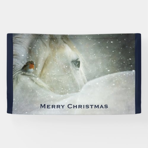 White Horse  Bird in a Winter Snowfall Christmas Banner