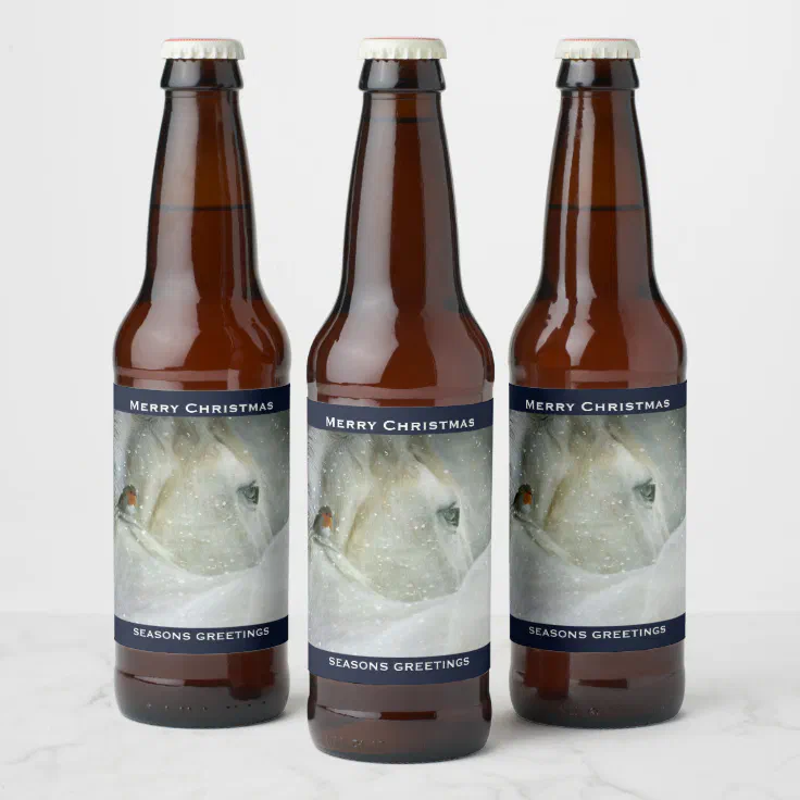 White Horse & Bird in a Winter Snowfall Christmas Beer Bottle Label | Zazzle