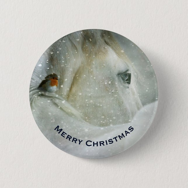 White Horse & Bird in a Winter Snowfall Christmas Button (Front)