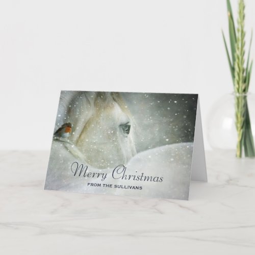 White Horse  Bird in a Winter Snowfall Christmas Card