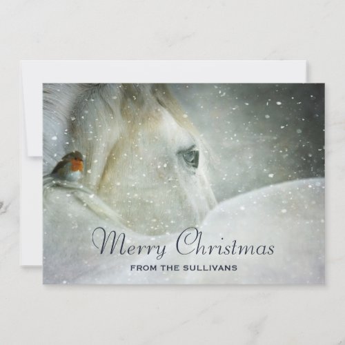 White Horse  Bird in a Winter Snowfall Christmas Holiday Card
