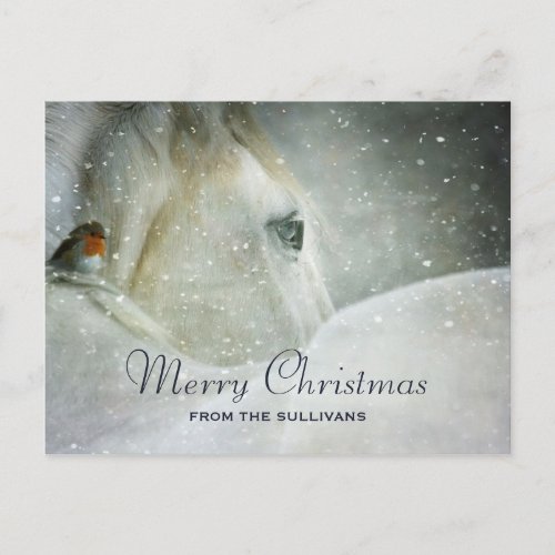 White Horse  Bird in a Winter Snowfall Christmas Holiday Postcard