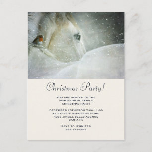 White Horse & Bird in a Winter Snowfall Christmas Invitation Postcard