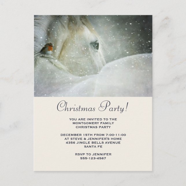 White Horse & Bird in a Winter Snowfall Christmas Invitation Postcard (Front)