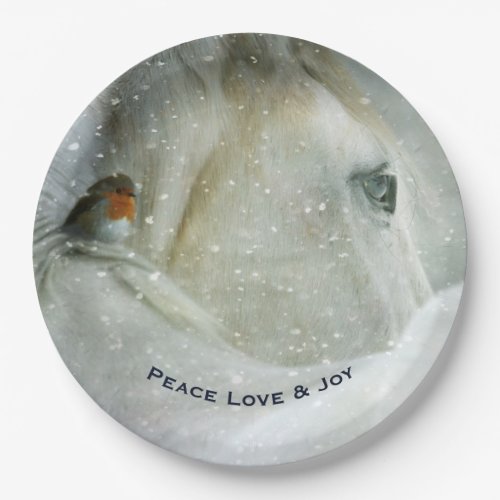 White Horse  Bird in a Winter Snowfall Christmas Paper Plates