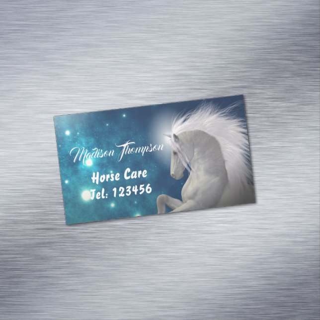 White Horse Blue Skies Animal Care Business Card Magnet (In Situ)