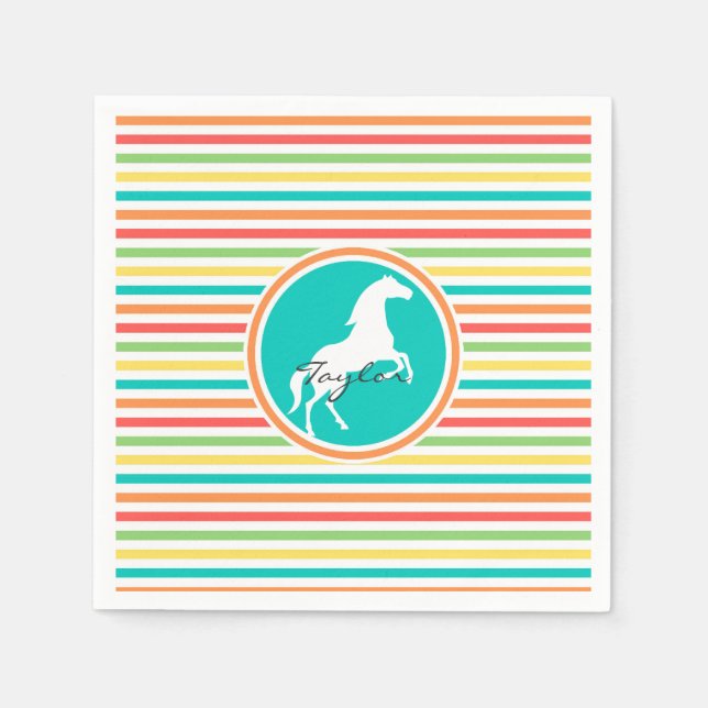 White Horse; Bright Rainbow Stripes Paper Napkins (Front)