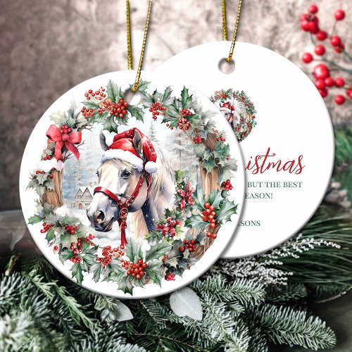 White horse Christmas holly berry wreath Ceramic Ornament