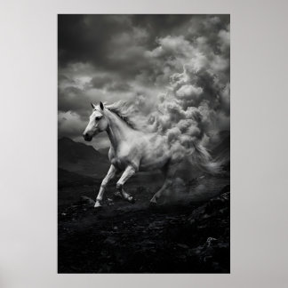 White horse dissolving in clouds poster