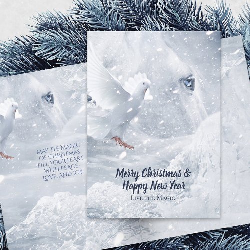 White Horse  Dove on Ice Fairytale Christmas _ Holiday Card