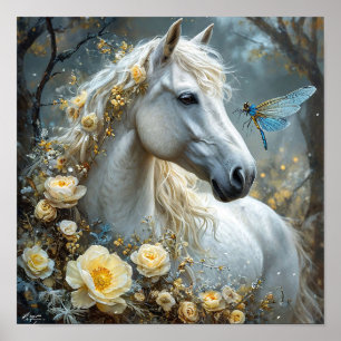 🐎 White Horse Dragonfly And White Roses Dream Poster