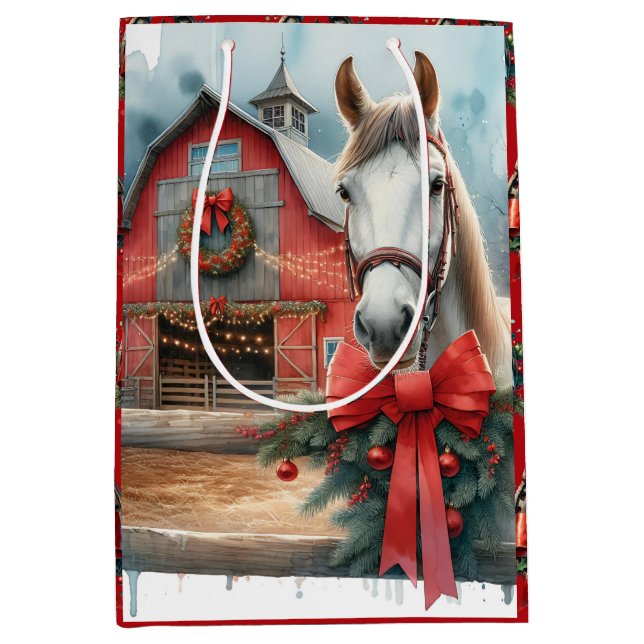 White Horse Festive Farm Christmas Personalized Medium Gift Bag (Front)