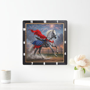 White Horse Fireworks Patriotic Square Wall Clock